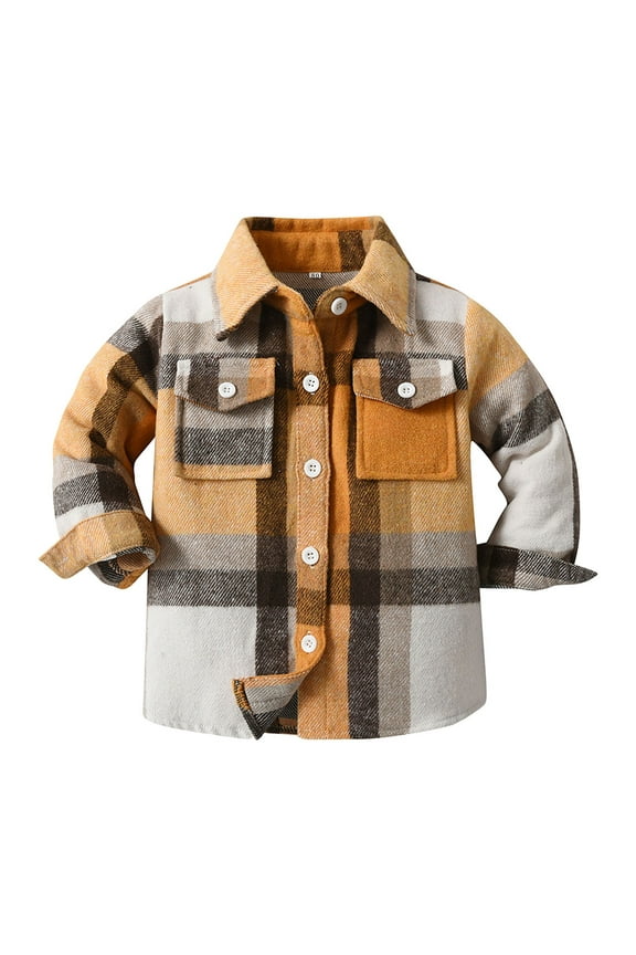 Toddler Baby Boys Jackets Fashion Sherpa Lined Flannel Plaid Jacket Loose Fit Long Sleeve Coat Flannel(Light Yellow,7-8 Years)