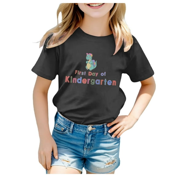 Povozer Toddler Baby Girl Back to School T-Shirt Outfit Kindergarten First Grade Short Sleeve T-Shirt First Day of Kindergarten Tops(Black,12-13 Years)