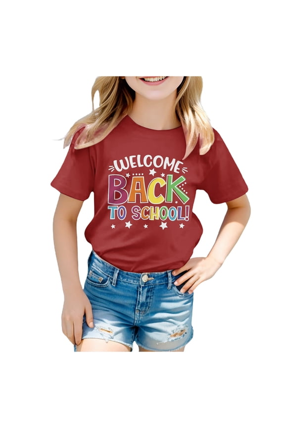 Toddler Baby Girl Back to School Outfit Kindergarten First Grade Short Sleeve T-Shirt First Day of School Tops(Red,6-7 Years)
