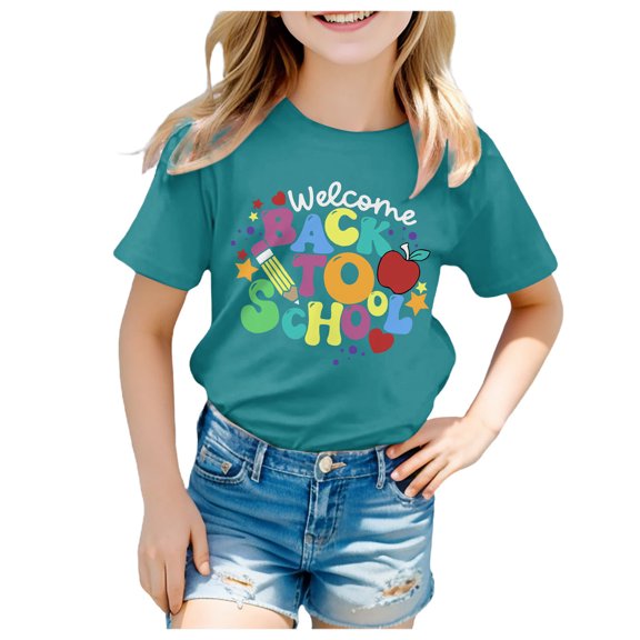 Povozer Toddler Baby Girl Back to School T-Shirt Outfit Kindergarten First Grade Short Sleeve T-Shirt WELCOME BACK TO SCHOOL Tops(Green,3-4 Years)