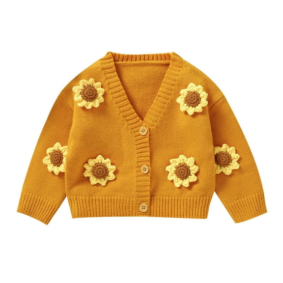 Povozer Toddler Baby Girl Cute Flower Sweater Cardigan Long Sleeve Knit(Yellow,2-3Y)