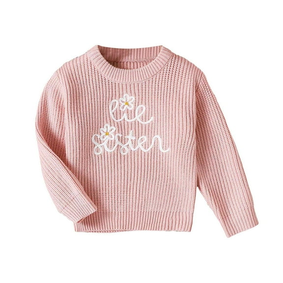 Povozer Toddler Baby Girl Knit Sweater Big Sister Little Sister Matching Outfits Long Sleeve Pullover Sweatshirt(Pink,12-18 Months)