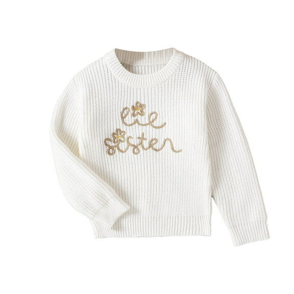 Povozer Toddler Baby Girl Knit Sweater Big Sister Little Sister Matching Outfits Long Sleeve Pullover Sweatshirt(White,0-6 Months)