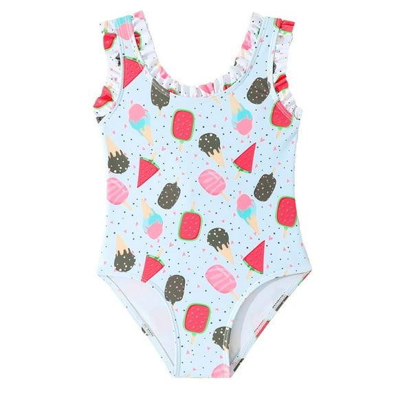Povozer Toddler Baby Girl One-Piece Swimsuit Sleeveless Ruffled Bikini Kids Swimwear Bathing Suit(Light Blue,5-6Y)