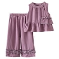 thumbnail image 1 of Povozer Toddler Baby Girls Clothes Girls Fashion Baby Girl Clothes Toddler Girl Summer Outfits Sleeveless Ruffle Tops Wide Leg Pants Kids Clothing Set Size 6-7 Years,Purple, 1 of 7