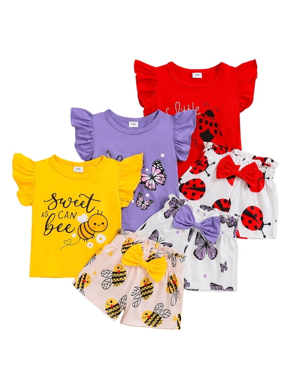Toddler Baby Girls Summer Clothes Girls Fashion Girls Short Sleeved Shorts Suit Comfortable Casual Fashion Cartoon Cute Print Children Suit Size 18-24 Months,Yellow