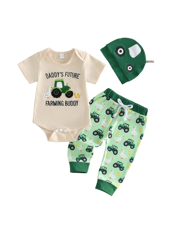 Toddler Boy Summer Clothes Outfits Boy's Fashion Newborn Baby Boy Clothes Farm Tractor Short Sleeve Romper Shirt Top Pants Hat Set Spring Summer Outfits Size 0-3 Months,Beige