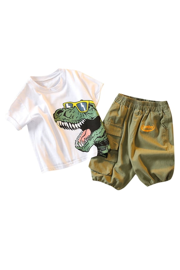 Toddler Boys Clothes Sets Dinosaur Printed T-Shirt + Shorts 2pcs(White,12-18M)