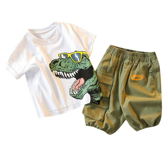 Povozer Toddler Boys Clothes Sets Dinosaur Printed T-Shirt + Shorts 2pcs(White,18-24M)