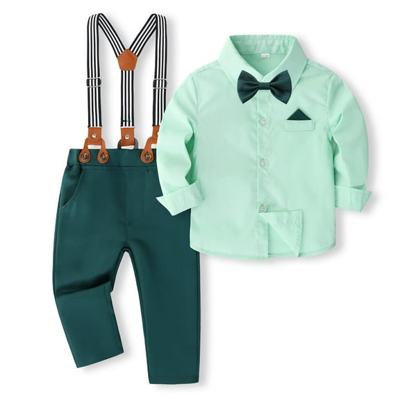 Povozer Toddler Boys Formal Outfit Boys Suits Set Gentlemen Wedding Wear Short Sleeve Formal Dress Shirts Suspenders Pants Bowtie Outfits for 4Y,Green