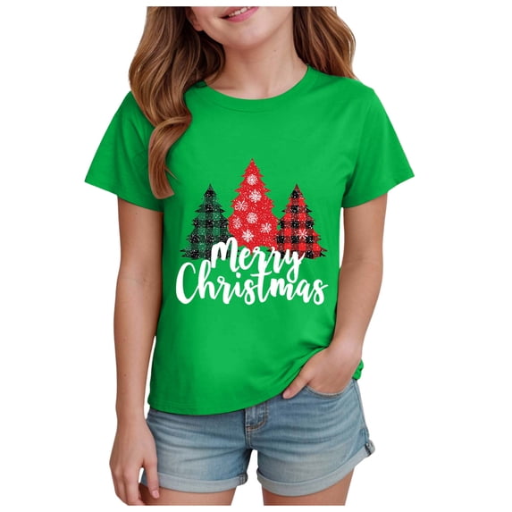 Povozer Toddler Boys Girls Christmas Shirt Kids Comfortable Breathable Stylish Print Short Sleeved Top For Girls,Size 7-8 Years,Green