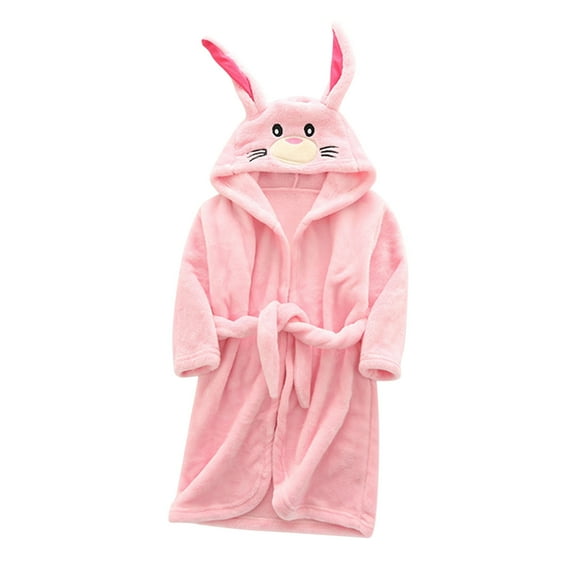 Povozer Toddler Boys Girls Hooded Plush Fleece Bathrobe Robe with Ears(Pink,5-6Y)