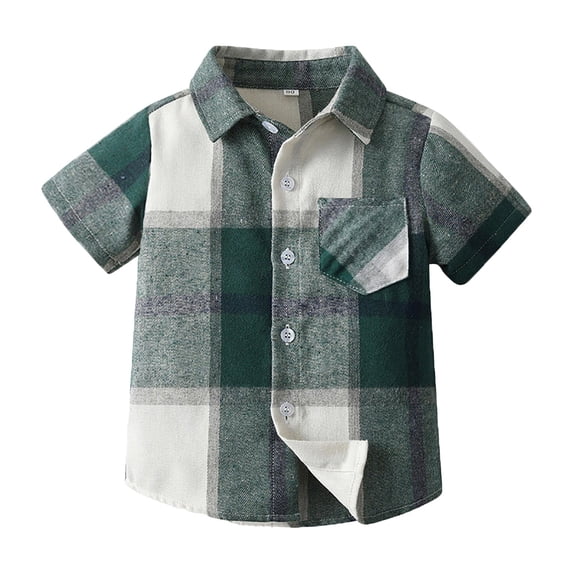 Povozer Toddler Boys Long Sleeve Crewneck T Shirt Boys Short Sleeve Plaid Shirt Toddler Button Down Dress Shirts Summer Checkered Clothes,Size 7-8 Years,Green