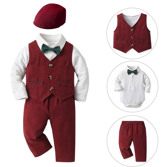 Povozer Toddler Boys Summer Vest Outfit Baby Boy Dress Suit Clothes Sets Tuxedo Gentleman Suits Outfits Bowtie Shirt Suspenders Pants Beret Hat 60 70 80 90 100 for 12-18 Months,Red