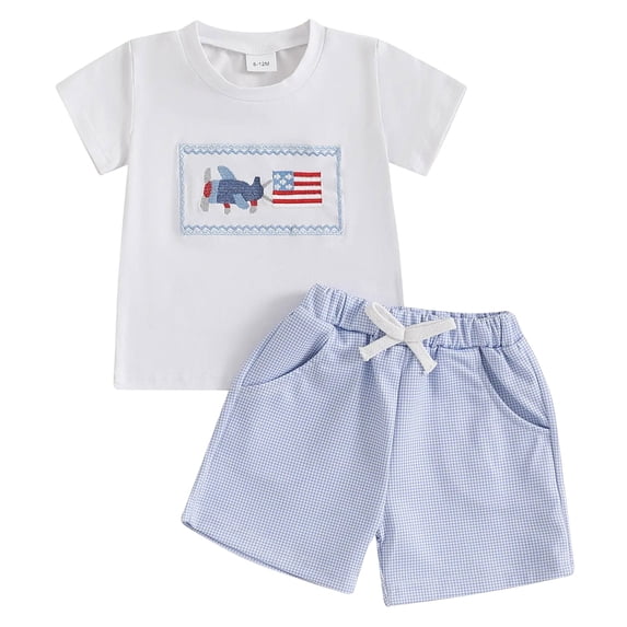 Povozer Toddler Fourth Of July Boy Baby Boy Girl 4th of July Outfit Toddler Fourth of July Clothes Infant Shirt and Stars Shorts Set,Size 0-6 Months,Light Blue