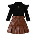 thumbnail image 1 of Povozer Toddler Girl Clothes, Kids Clothes Ruffle Sleeve Tops and Plaid Skirt Skort 2Pcs Fall Winter Outfits Set(Brown,2-3 Years), 1 of 3