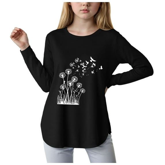 Povozer Toddler Girl Longsleeve Teeshirt Girls Tops Crew Neck Summer Tops Patterned Shirts Soft Blouses Kids Clothes for 13-14 Years,Black