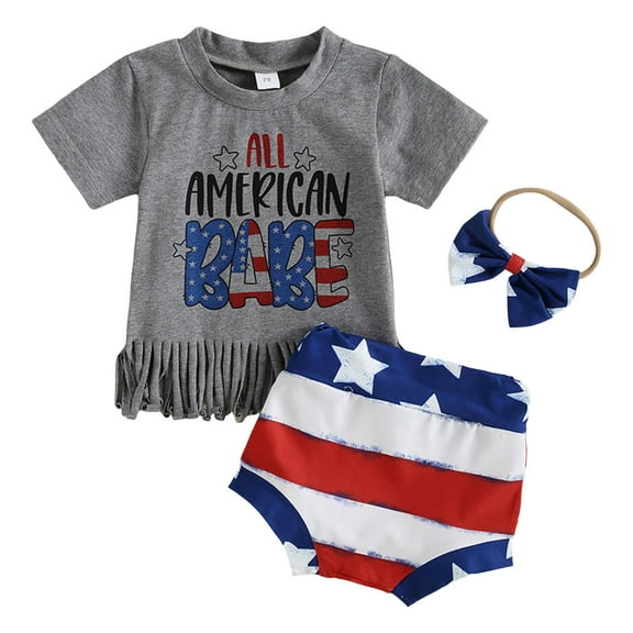 Povozer Toddler Girl Outfit Set, 2-Piece Baby Girl 4th Of July Outfit American Flag Fly Sleeve Tops Toddler Fourth Of July Shorts Set Memorial Clothes for 3-6 Months,Grey