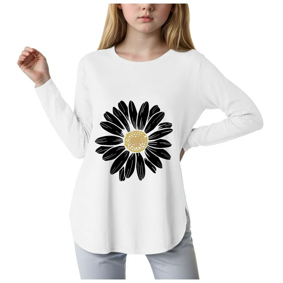 Povozer Toddler Girl Sweatshirt Cute Tops for Teen Girls Crew Neck Graphic Blouses Workout Tops Summer Kids Clothes for 13-14 Years,White