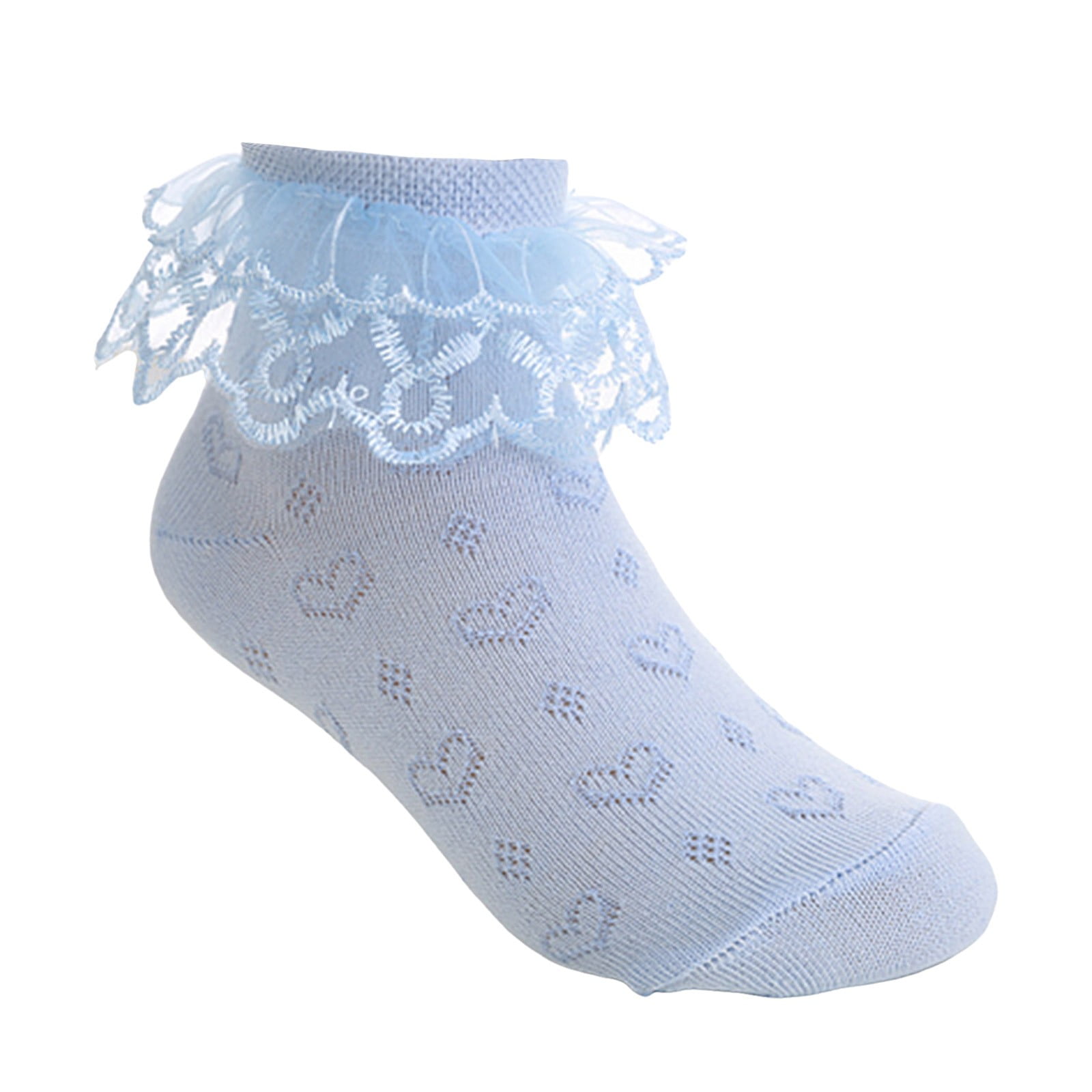 Baby Girl Sky Blue Lace Frill Ankle Socks with Heart Patch & Bow main image 1