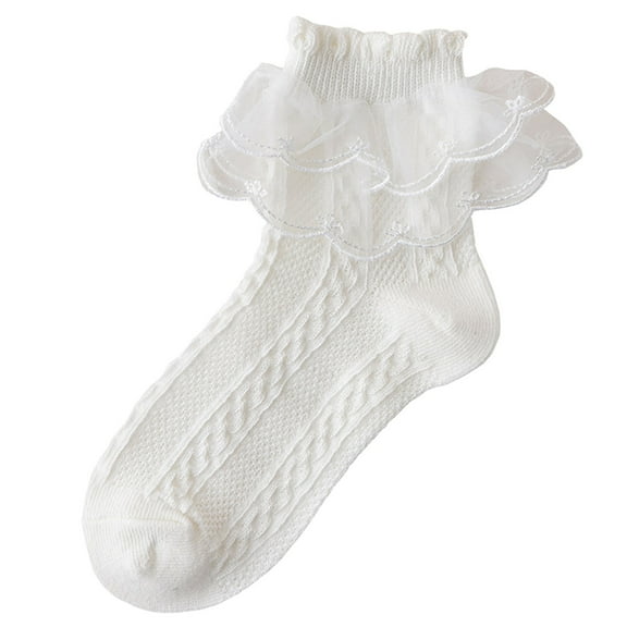Povozer Toddler Girls Socks Eyelet Ruffle Lace Sock Frilly Dress Socks(White,4-6Y)