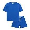 thumbnail image 1 of Povozer Summer Boys Girls 2 Piece Outfits Toddler Kids Baby Boys Girls 2 Piece Tracksuit Summer Outfits Solid Short Sleeve T Shirt With Shorts Set,Size 3-4 Years,Blue, 1 of 5