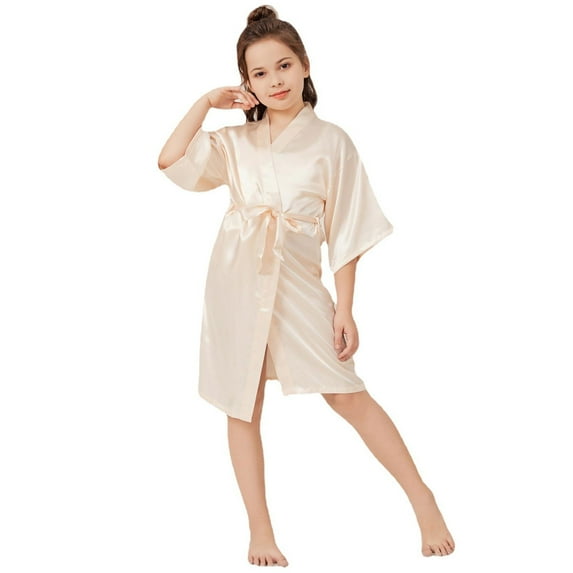 Povozer Toddler Kids Baby Boys Girls Silk Satin Bathrobe Toddler Baby Casual Silky Satin Robe Kid Solid Silk Kimono Robe Children Wedding Birthday Spa Party for A,Beige