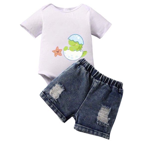 Povozer Toddler Kids Boy Summer Clothes,Baseball Outfit Baby Boy,Baby Boy Clothes Toddler Boy Outfit Spring Summer Letter Printed T Shirt Shorts Ripped Jean,Size 0-3 Months,White