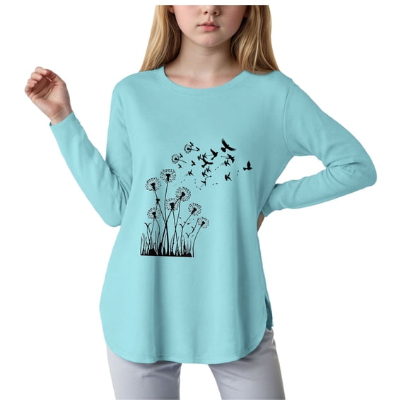 Povozer Toddler Kids Girls Tops Crew Neck Long Sleeve Summer Clothes For Teen Girls Long Sleeve Shirts Kids Curve Hem Side Slit Soft Tunic Tops Girls Fashion T Shirts Size 7-8 Years,Mint Green