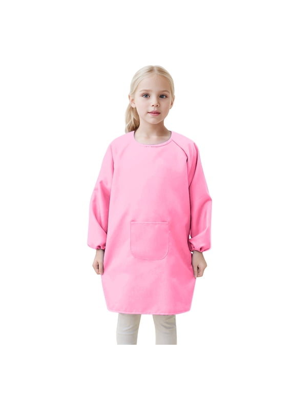 Toddler Kids Long Sleeve T Shirt Kids Art Smock Apron With Pocket For Children Artist Painting Aprons Smocks With Long Sleeve,Size 4-8 Years,Pink