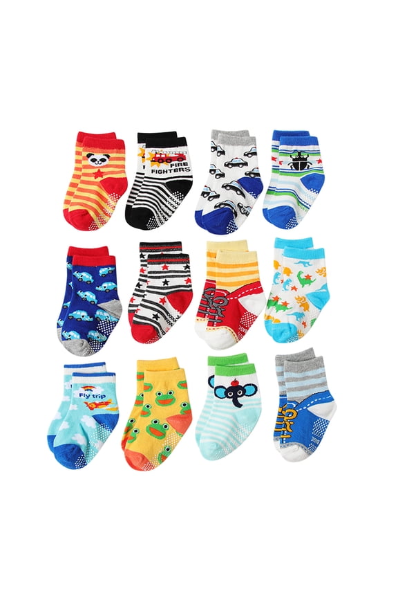 Toddler Socks Girls Boys,Non Slip 12 Pairs Kids Ankle Socks with Grippers for Baby Children Socks Set(Red,0-12 Months)