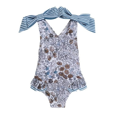 Povozer Toddler Swimsuit Girl One-Piece Swimwear Baby Girl Bathing Suits(Blue,1-2Y)