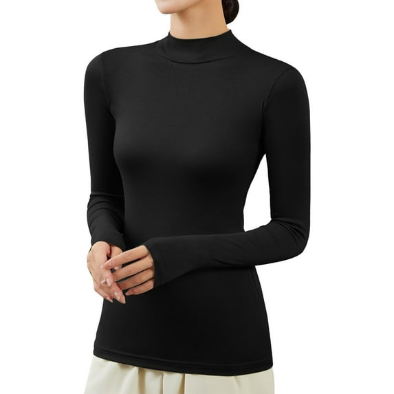 Povozer Turtleneck Shirt Women Ribbed Long Sleeve Shirts Lettuce Trim Neck Tops Slim Fit Base Layer(Black,L)