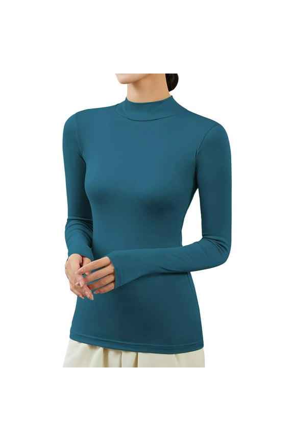 Turtleneck Shirt Women Ribbed Long Sleeve Shirts Lettuce Trim Neck Tops Slim Fit Base Layer(Blue,3XL)