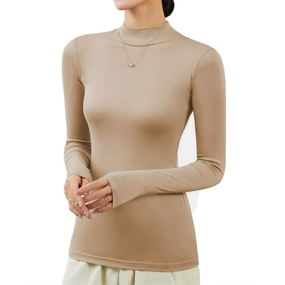 Povozer Turtleneck Shirt Women Ribbed Long Sleeve Shirts Lettuce Trim Neck Tops Slim Fit Base Layer(Khaki,M)