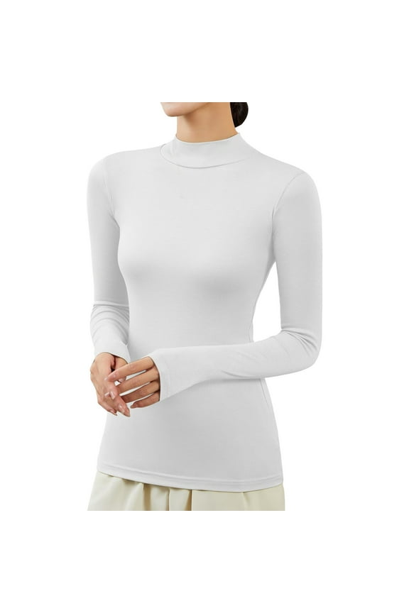 Turtleneck Shirt Women Ribbed Long Sleeve Shirts Lettuce Trim Neck Tops Slim Fit Base Layer(White,M)