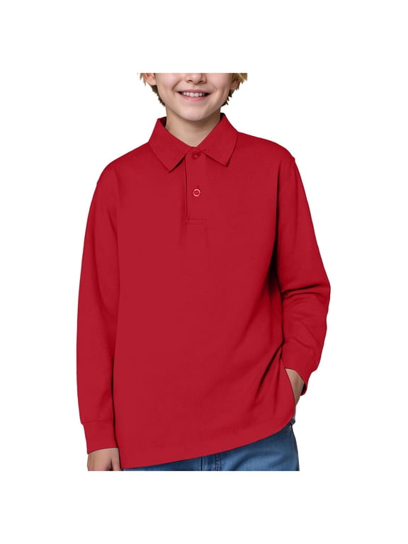 Uniform Shirts for Boys Shirts Polo School Uniform Shirt with Long Sleeves(Red,11-12Y)