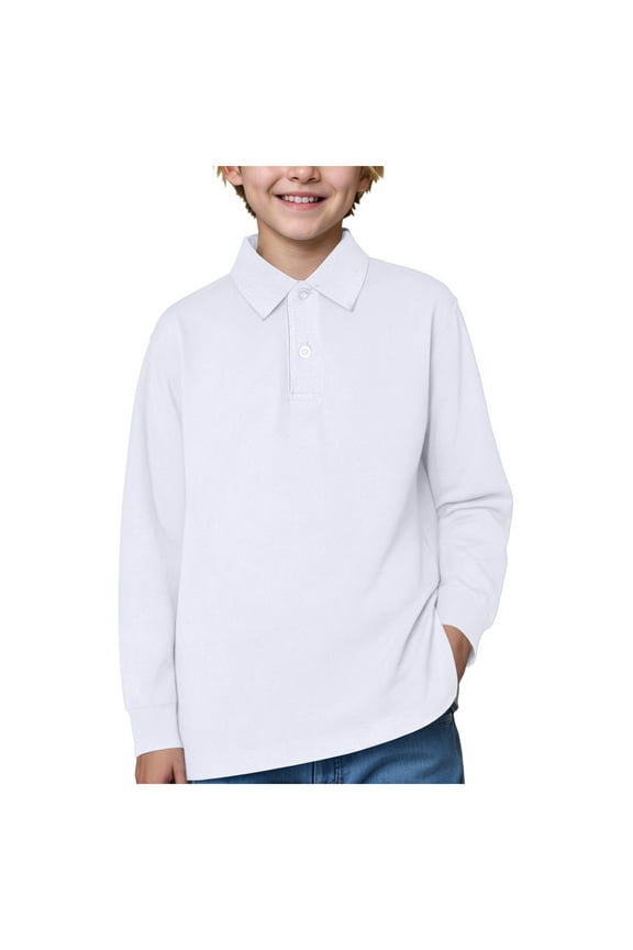 Uniform Shirts for Boys Shirts Polo School Uniform Shirt with Long Sleeves(White,4-5Y)