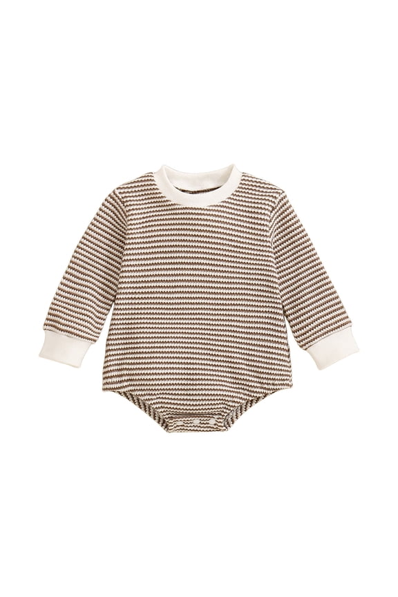 Unisex Baby Boy Girl Striped Romper Waffle Long Sleeve Bubble Oversized Romper Bodysuit Top Fall Onesie Clothes(Brown,0-3 Months)
