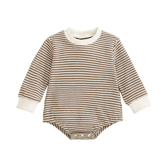 Povozer Unisex Baby Boy Girl Striped Romper Waffle Long Sleeve Bubble Oversized Romper Bodysuit Top Fall Onesie Clothes(Brown,3-6 Months)