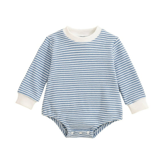 Povozer Unisex Baby Boy Girl Striped Romper Waffle Long Sleeve Bubble Oversized Romper Bodysuit Top Fall Onesie Clothes(Light Blue,6-12 Months)