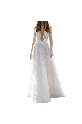 Wedding Dress for Bride Boho Beach Wedding Gown for Women Tulle Lace Bridal Dress with Long Sleeves(White,M)