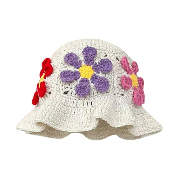 Povozer Women Crochet Hat Floral Crochet Bucket Hat Knitted Hats Fish Hat Travel Outdoor Handmade Knit Hats Fishing Hat Beach Hat Beige