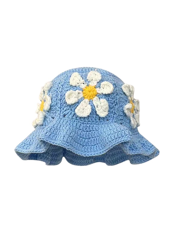 Women Crochet Hat Floral Crochet Bucket Hat Knitted Hats Fish Hat Travel Outdoor Handmade Knit Hats Fishing Hat Beach Hat Blue