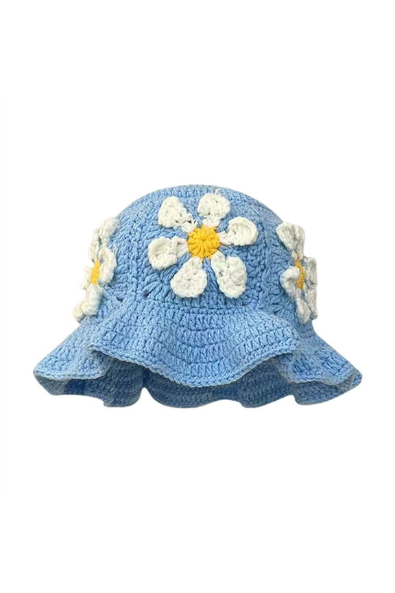 Women Crochet Hat Floral Crochet Bucket Hat Knitted Hats Fish Hat Travel Outdoor Handmade Knit Hats Fishing Hat Beach Hat Blue