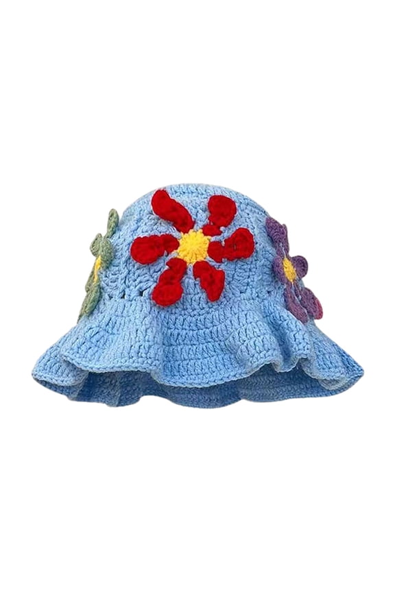 Women Crochet Hat Floral Crochet Bucket Hat Knitted Hats Fish Hat Travel Outdoor Handmade Knit Hats Fishing Hat Beach Hat Light Blue