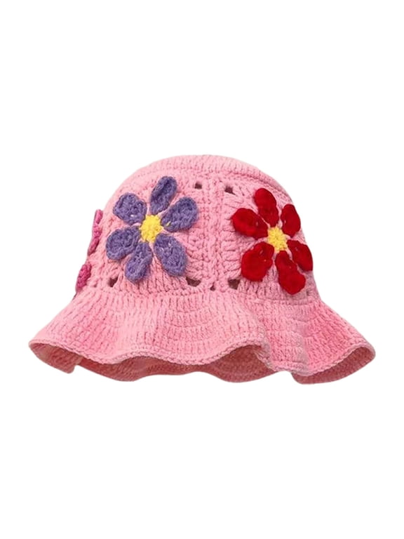 Women Crochet Hat Floral Crochet Bucket Hat Knitted Hats Fish Hat Travel Outdoor Handmade Knit Hats Fishing Hat Beach Hat Light Pink