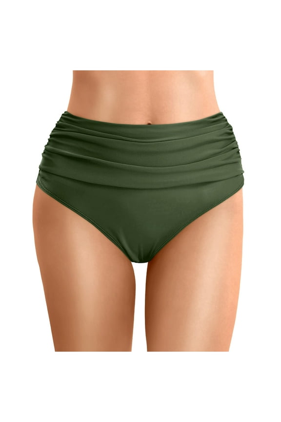 Women High Waisted Bikini Bottom Tummy Control Ruched Swim Bottom(Army Green,L)