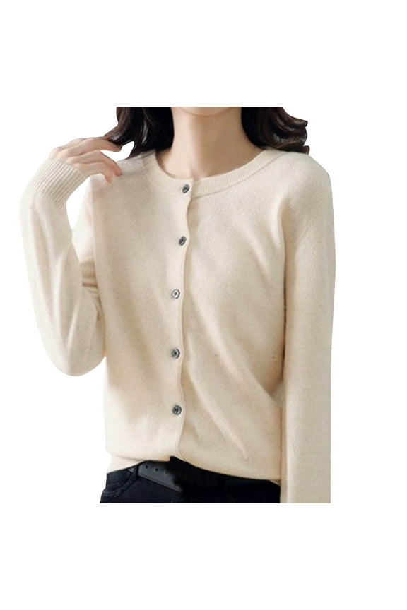 Women Long Sleeve Snaps Button Down V Neck Cute Knit Sweater Cardigan(Beige,One Size)