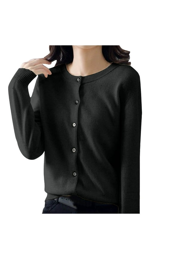 Women Long Sleeve Snaps Button Down V Neck Cute Knit Sweater Cardigan(Black,One Size)
